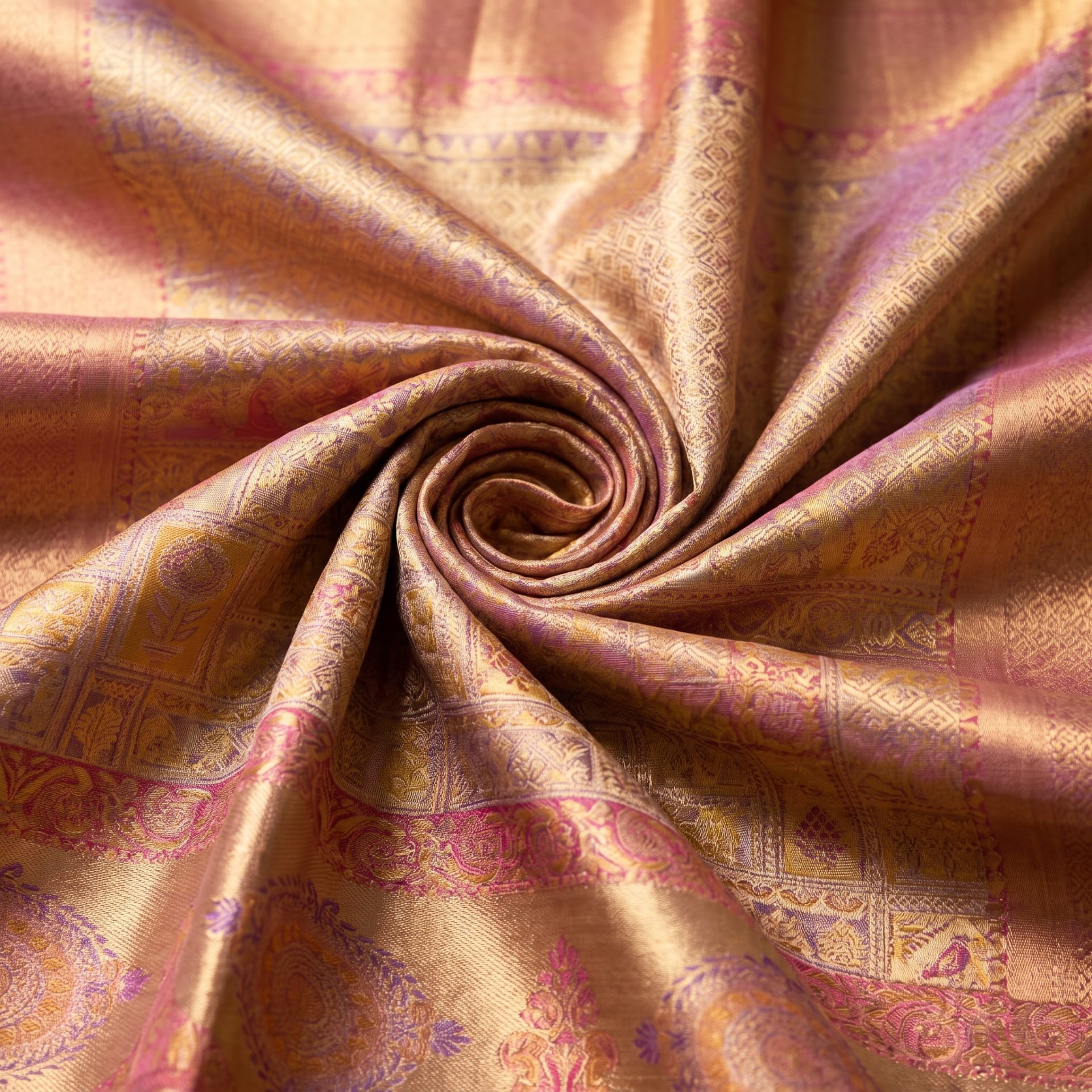 Handloom Lavender With Pink And Gold Silk Saree — close drape