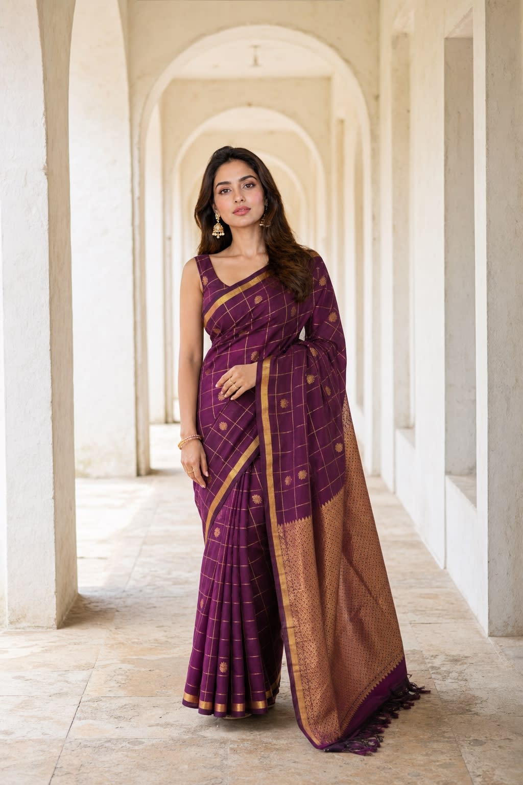 Handloom Wine Silk Saree — view 1