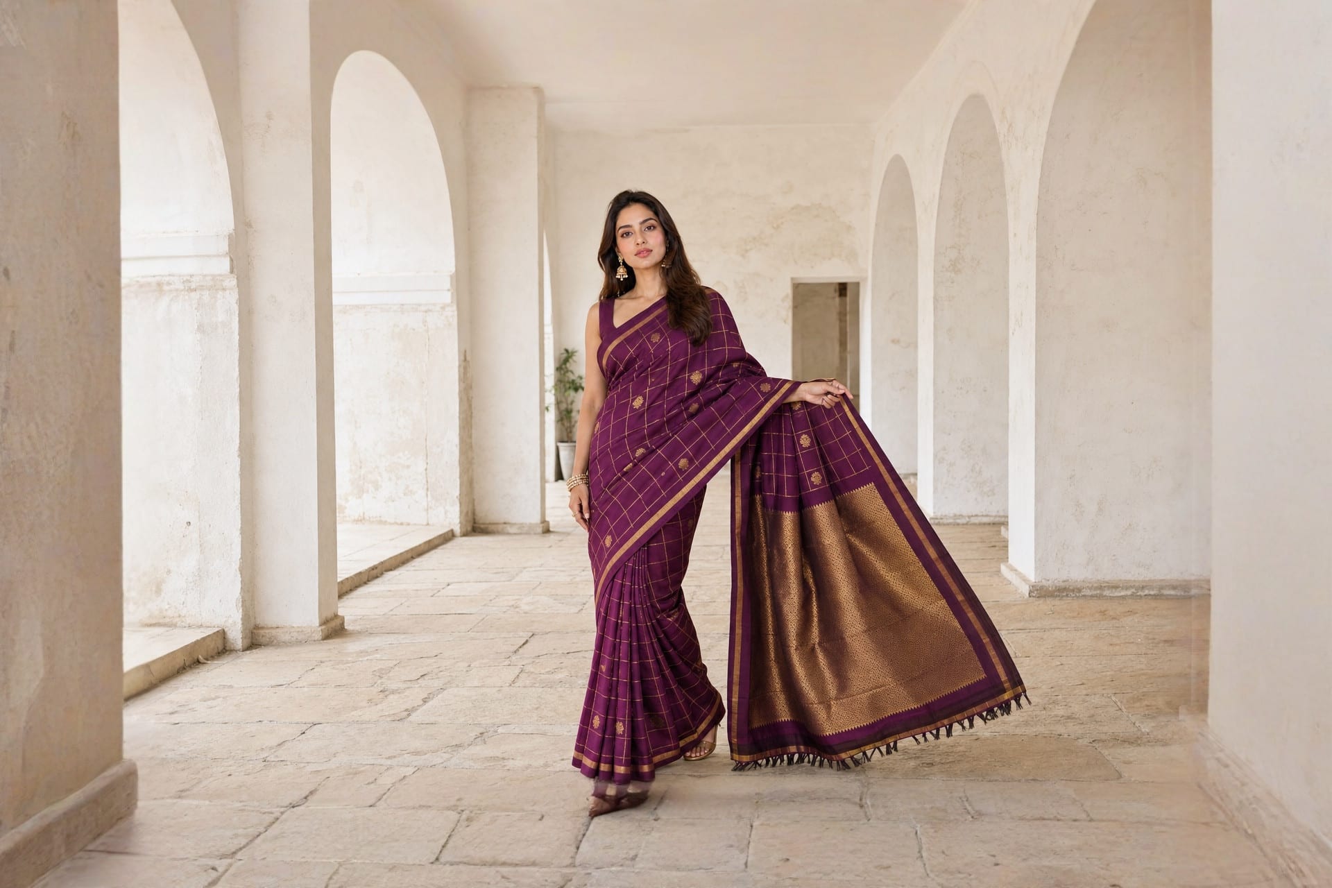Handloom Wine Silk Saree — the drape