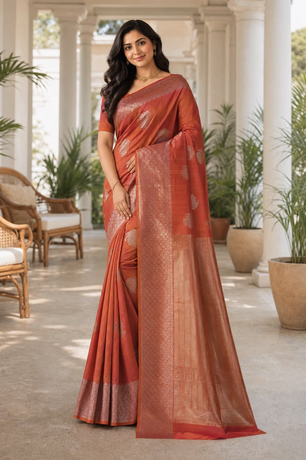 Handloom Rust Orange Dual Colour Silk Saree thumbnail 1