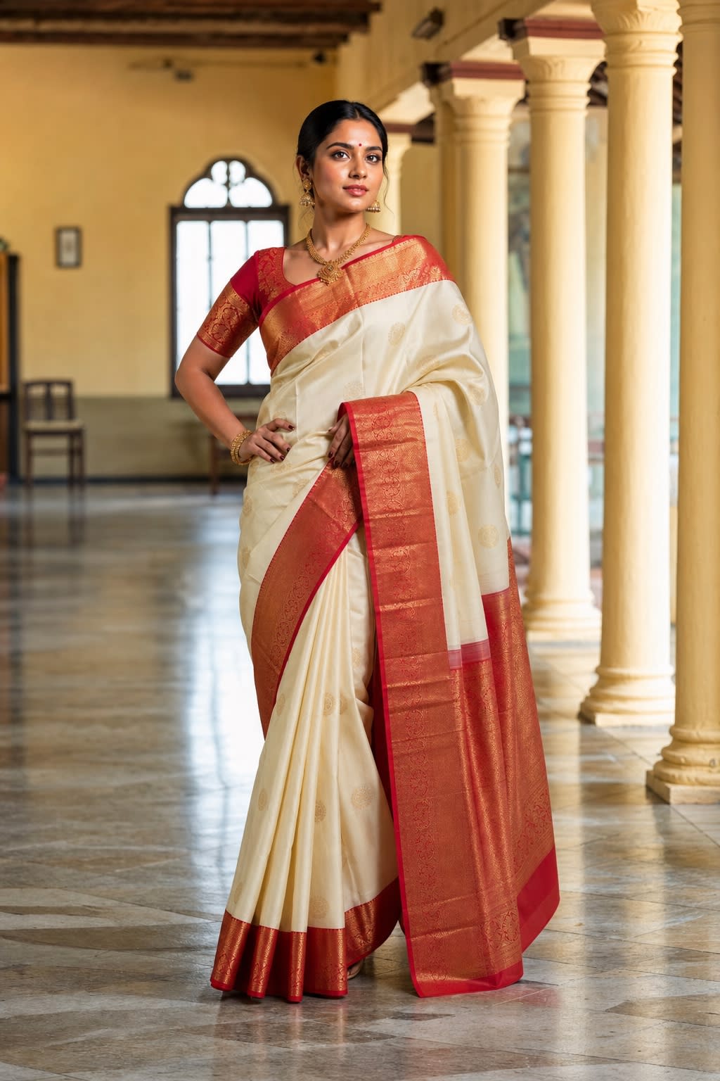 Handloom Half White And Red Silk Saree — view 1