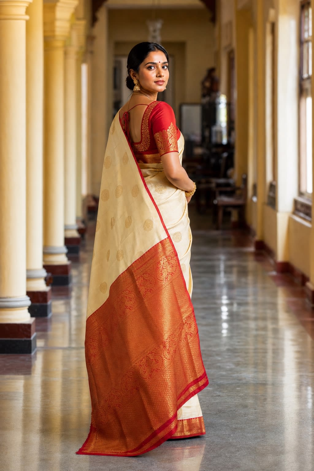 Handloom Half White And Red Silk Saree — view 2
