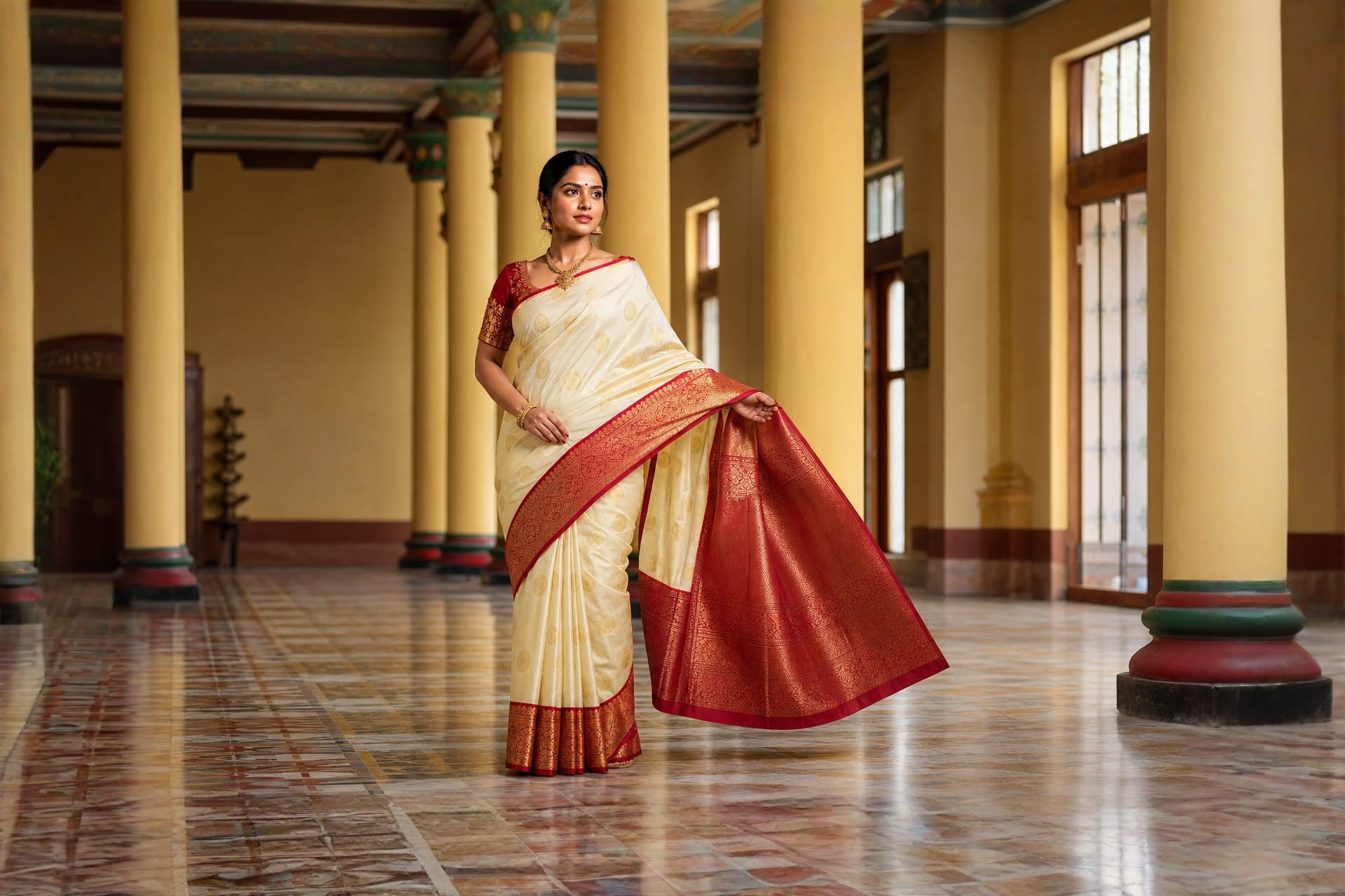Handloom Half White And Red Silk Saree, worn