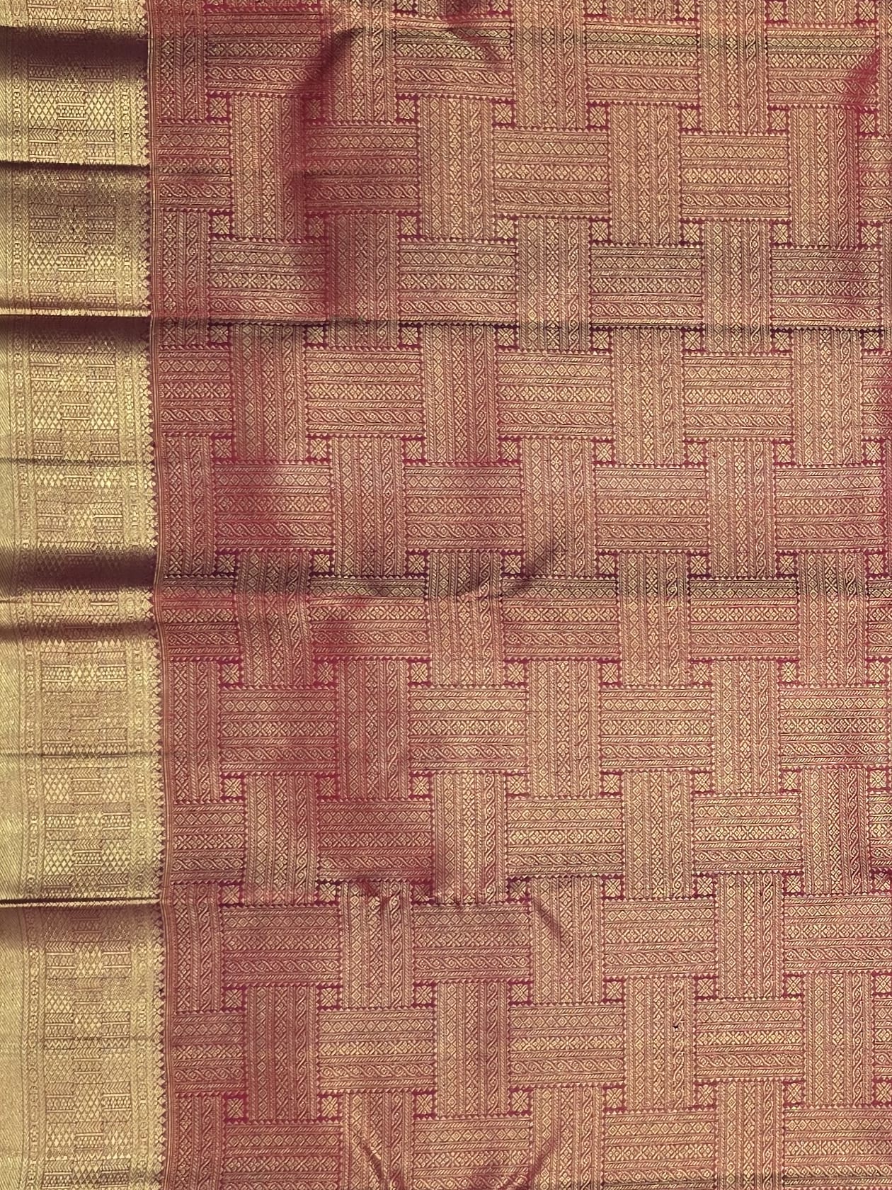 Handloom Pink Red Silk Saree with Heavy Gold Zari — view 3
