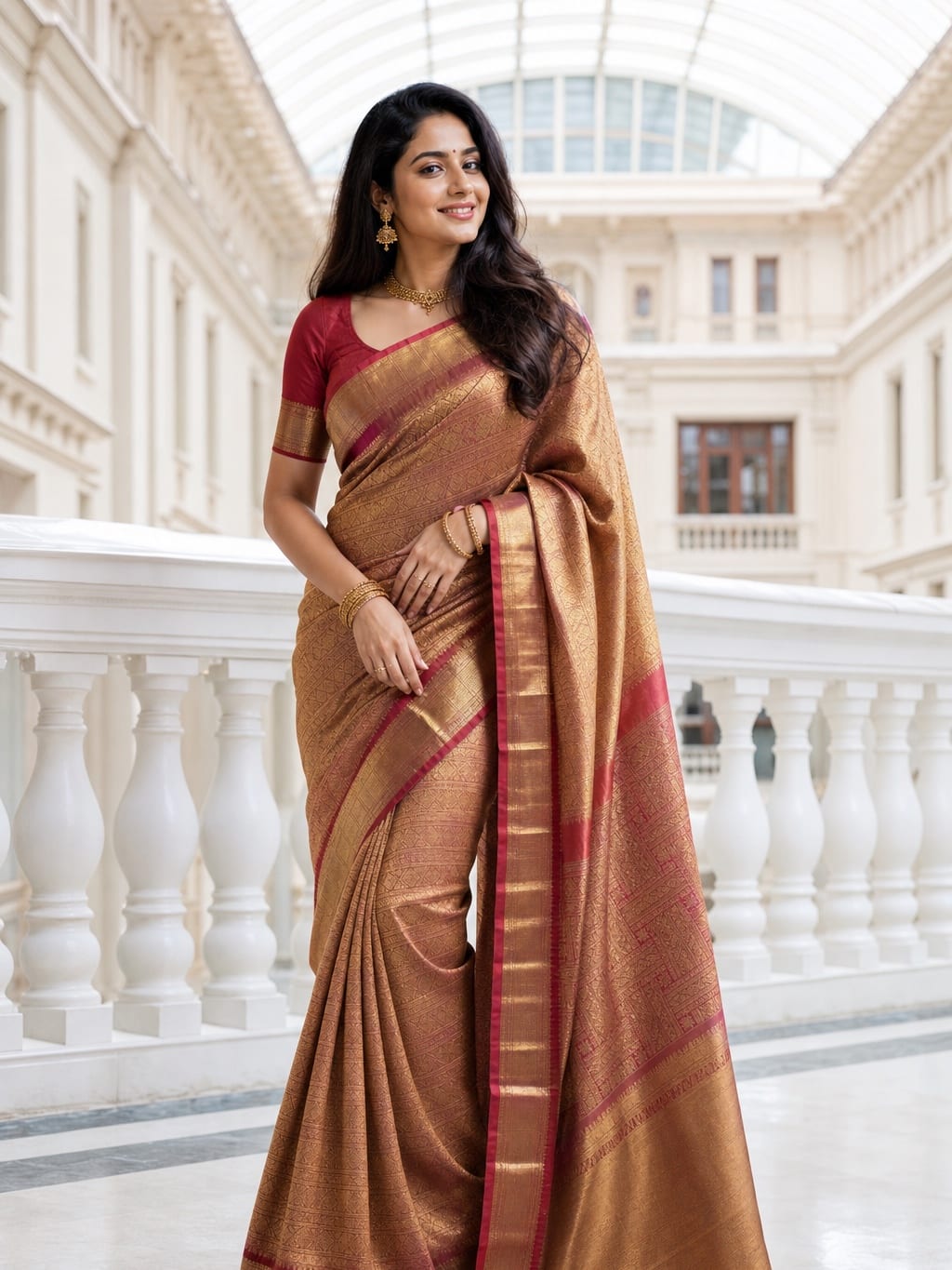 Handloom Pink Red Silk Saree with Heavy Gold Zari