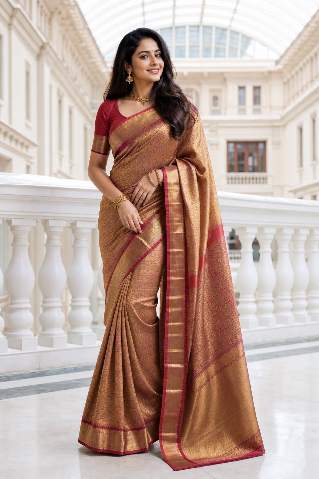 Handloom Pink Red Silk Saree with Heavy Gold Zari thumbnail 1