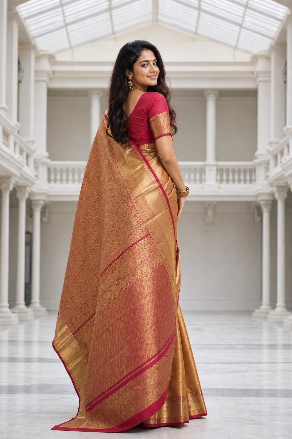 Handloom Pink Red Silk Saree with Heavy Gold Zari thumbnail 2