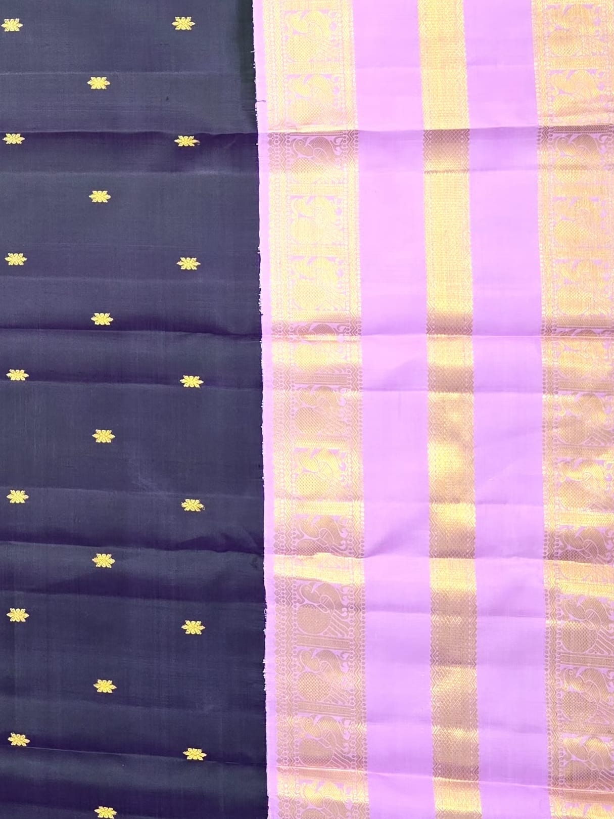 Handloom Midnight Navy Silk Saree with Lavender Border — view 3