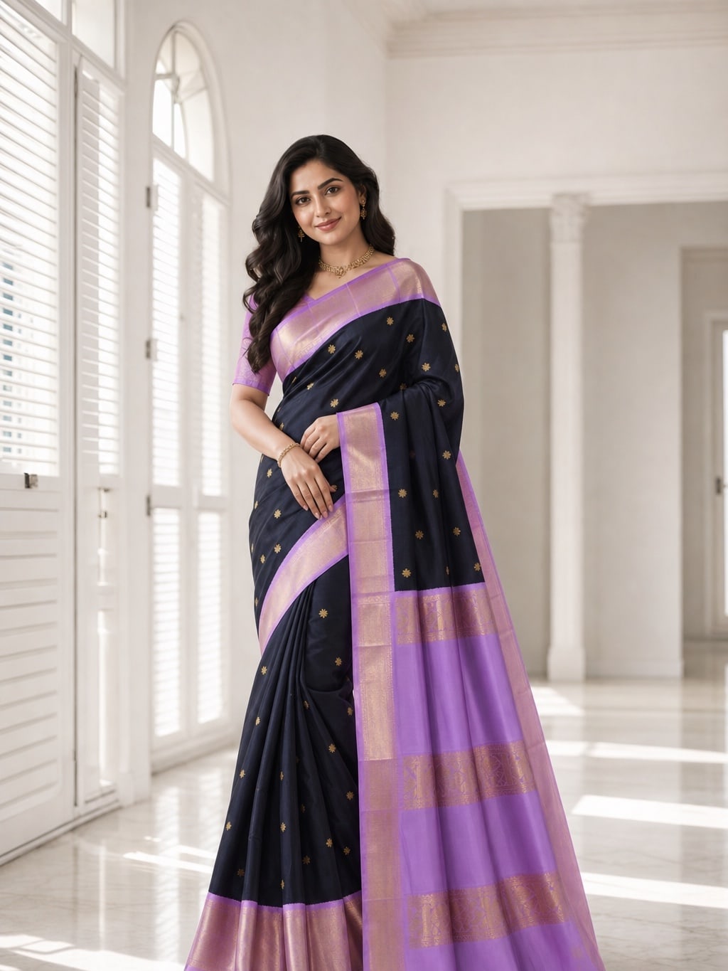 Handloom Midnight Navy Silk Saree with Lavender Border