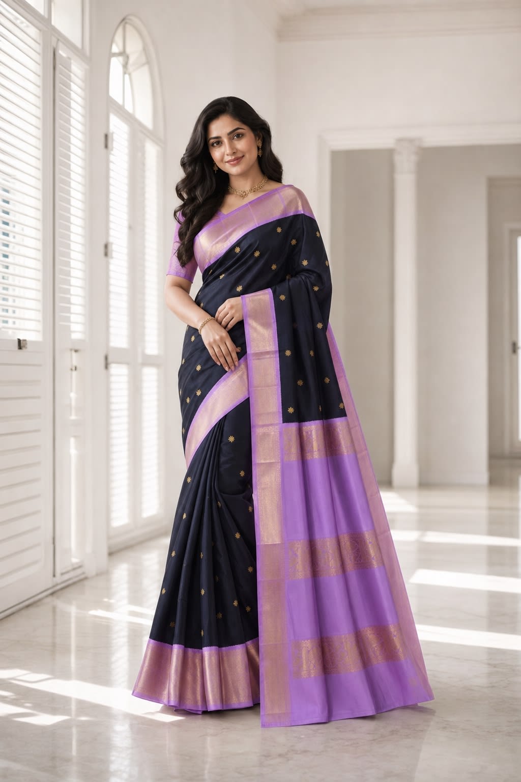 Handloom Midnight Navy Silk Saree with Lavender Border thumbnail 1