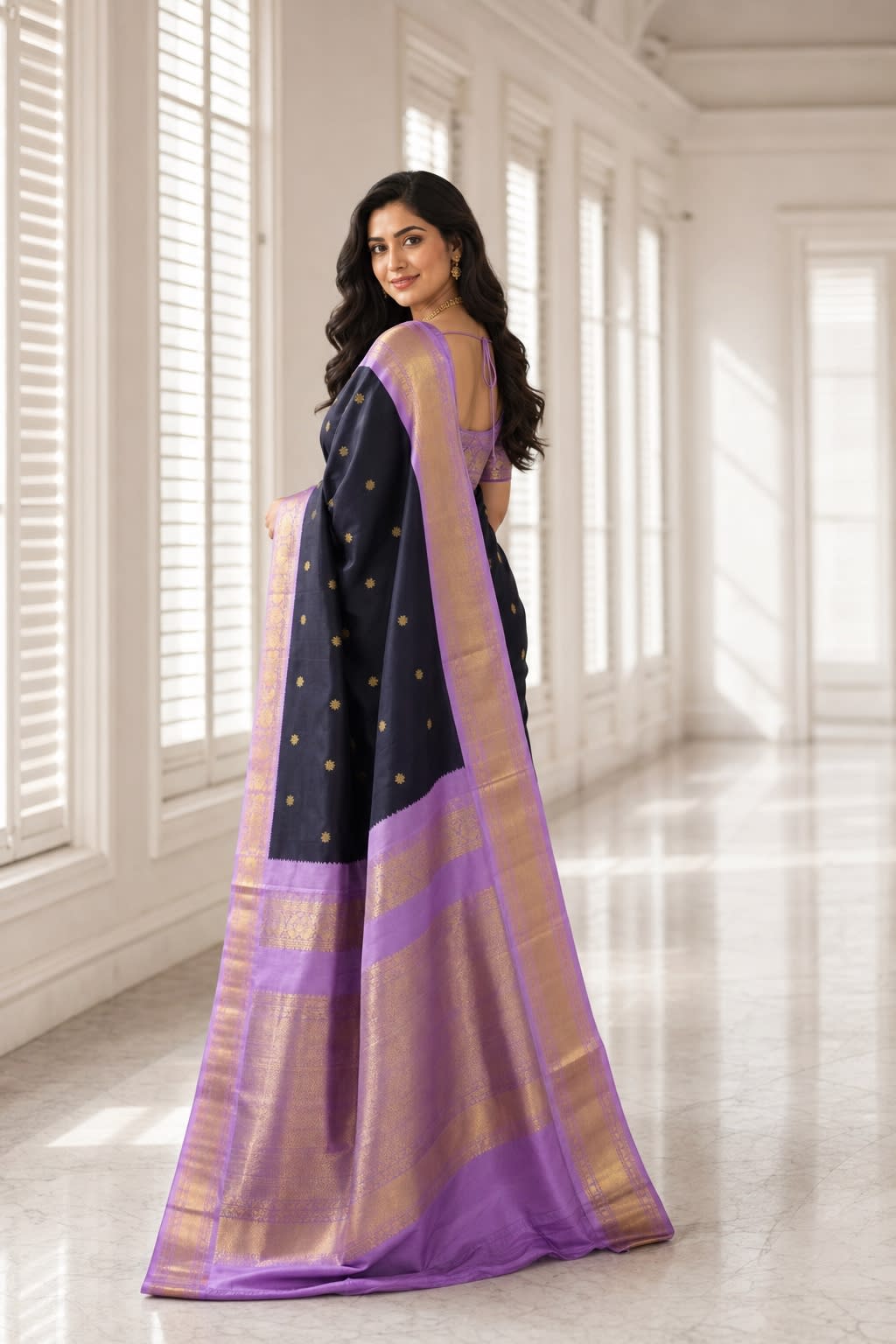 Handloom Midnight Navy Silk Saree with Lavender Border thumbnail 2