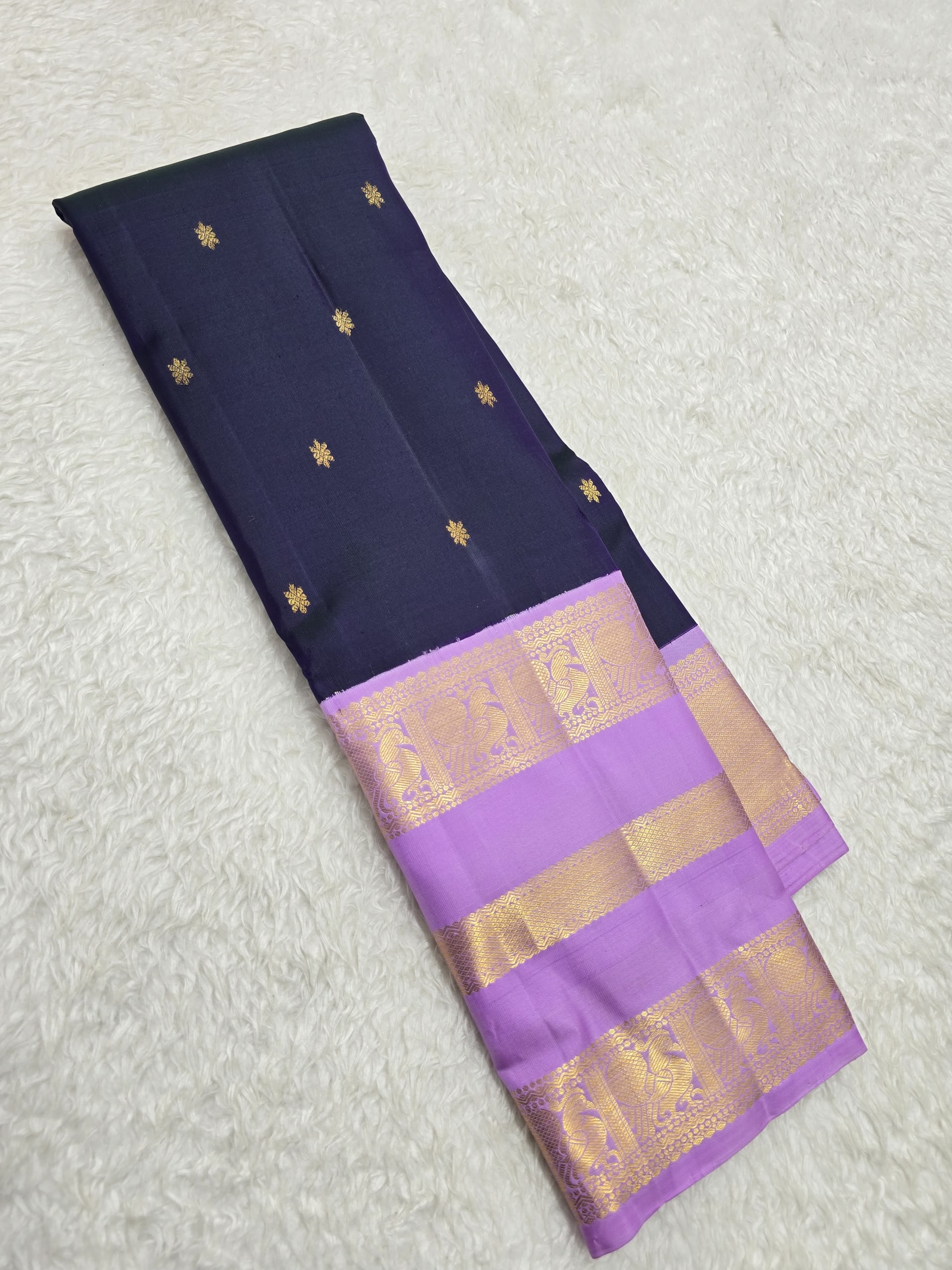 Handloom Midnight Navy Silk Saree with Lavender Border — view 2