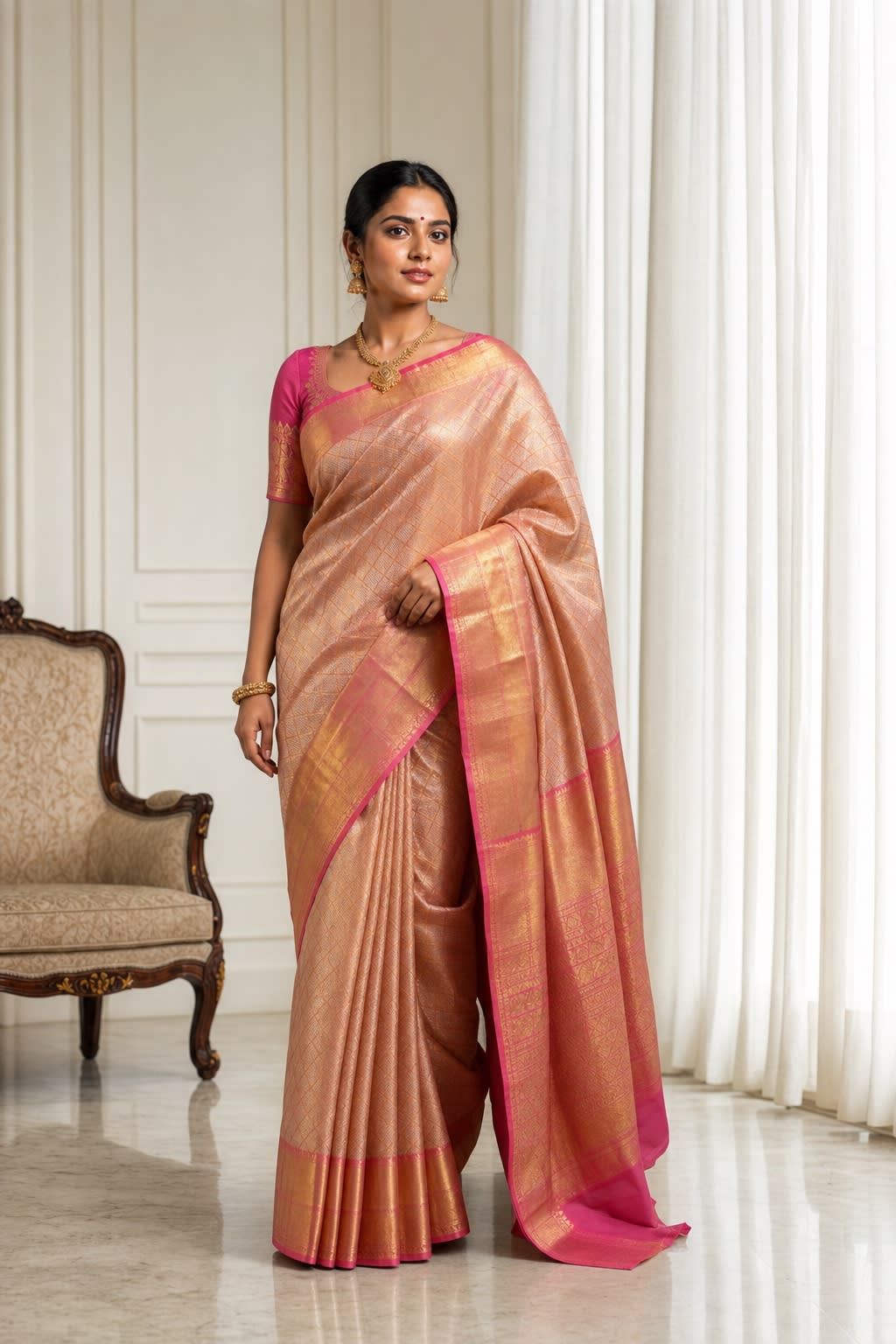 Handloom Peach Silk Saree thumbnail 1