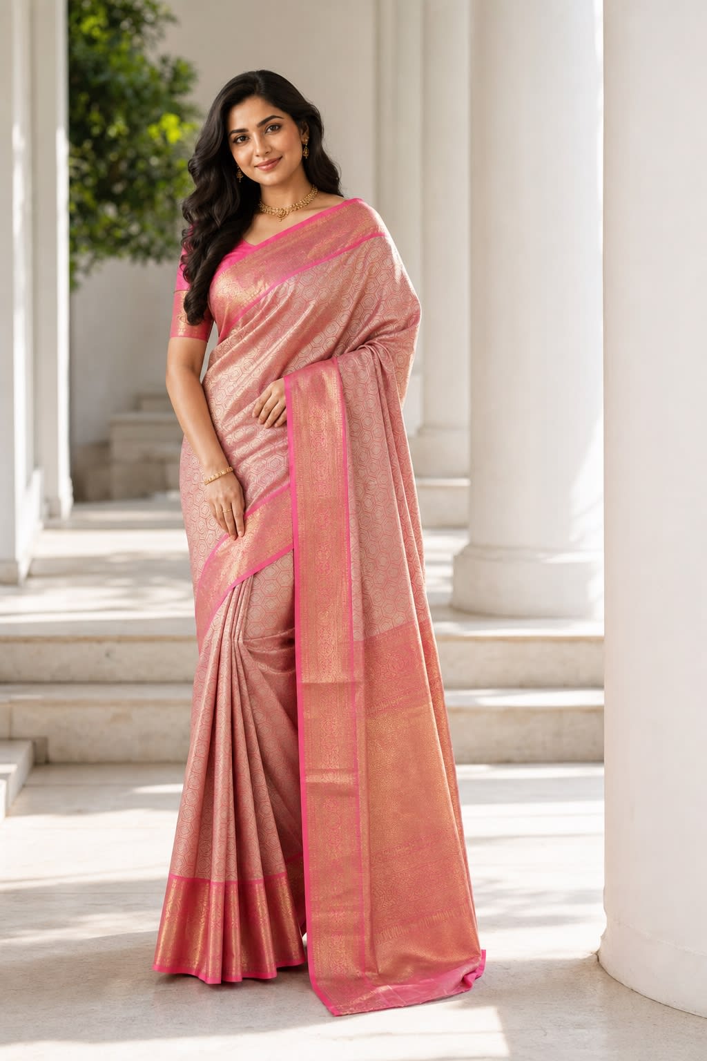 Handloom Peach Pink Silk Saree thumbnail 1