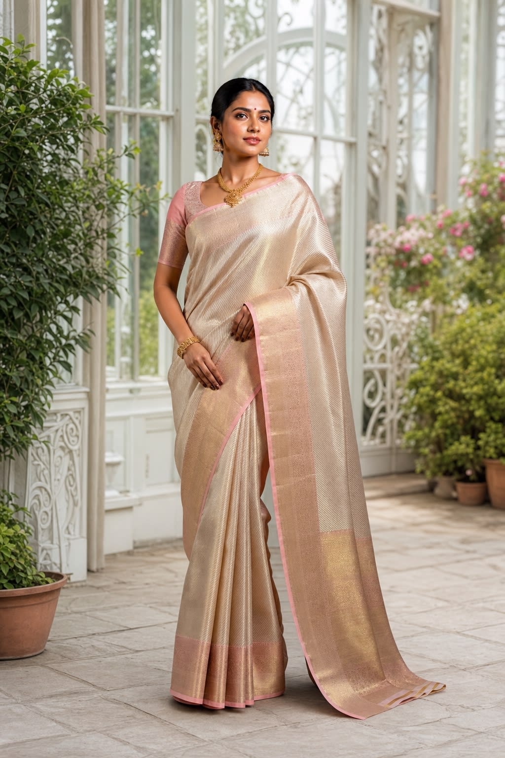 Handloom Cream Peach Silk Saree thumbnail 1