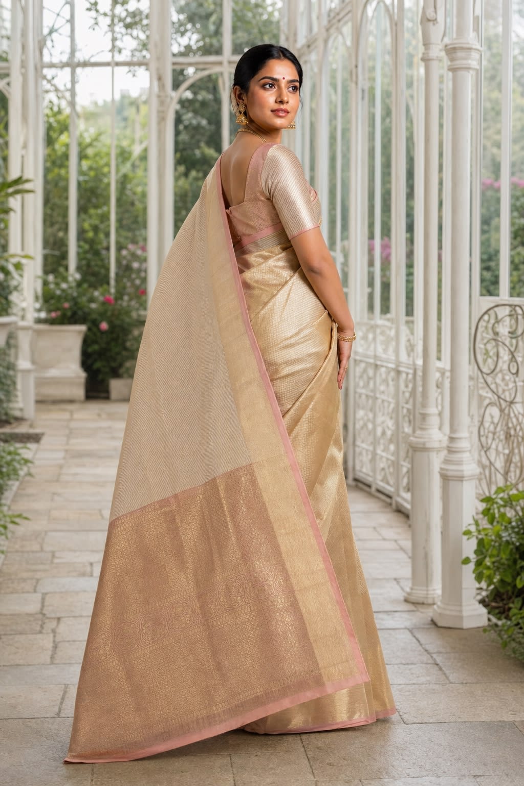 Handloom Cream Peach Silk Saree thumbnail 2