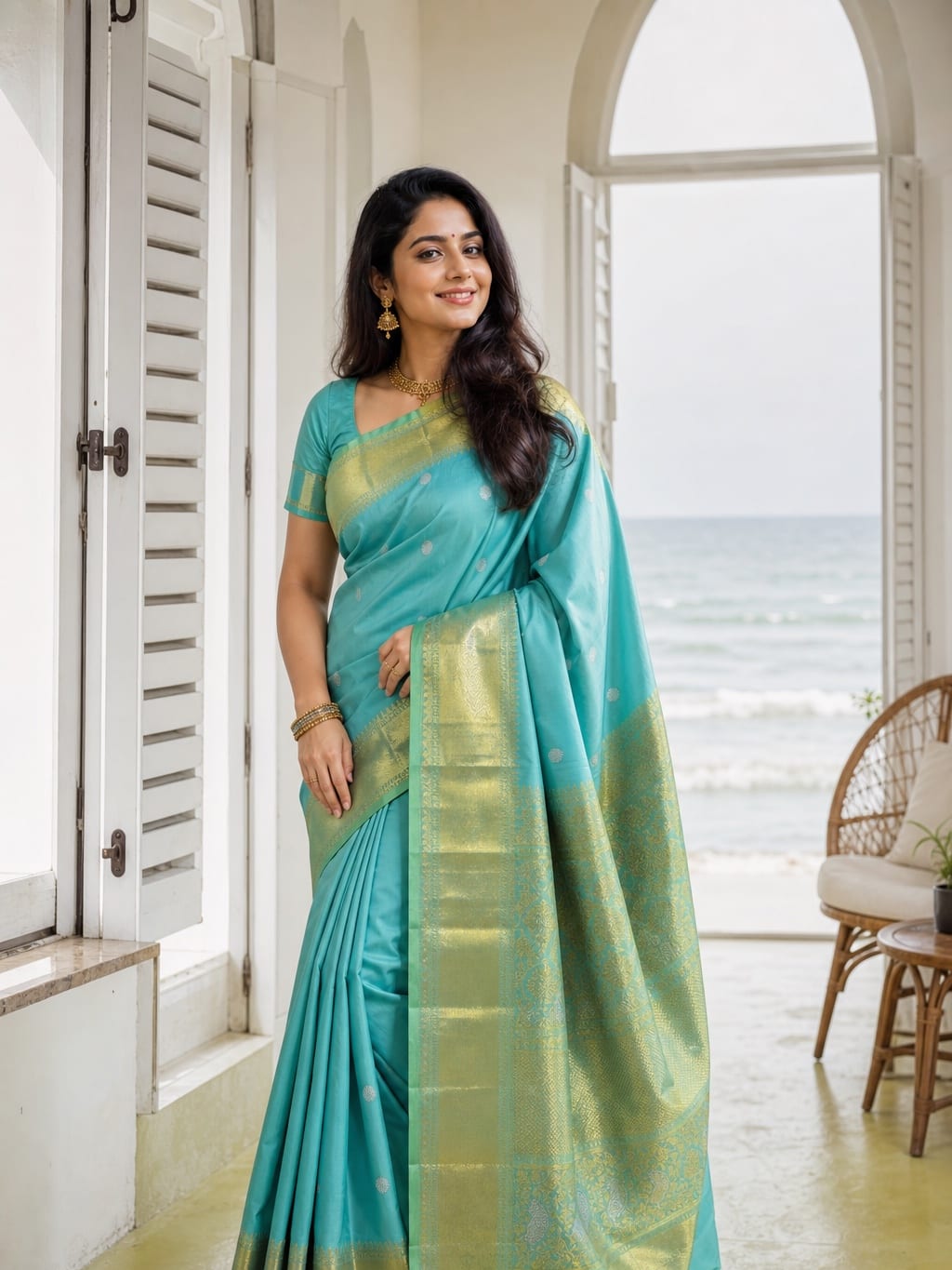 Handloom Teal Rama Green Silk Saree