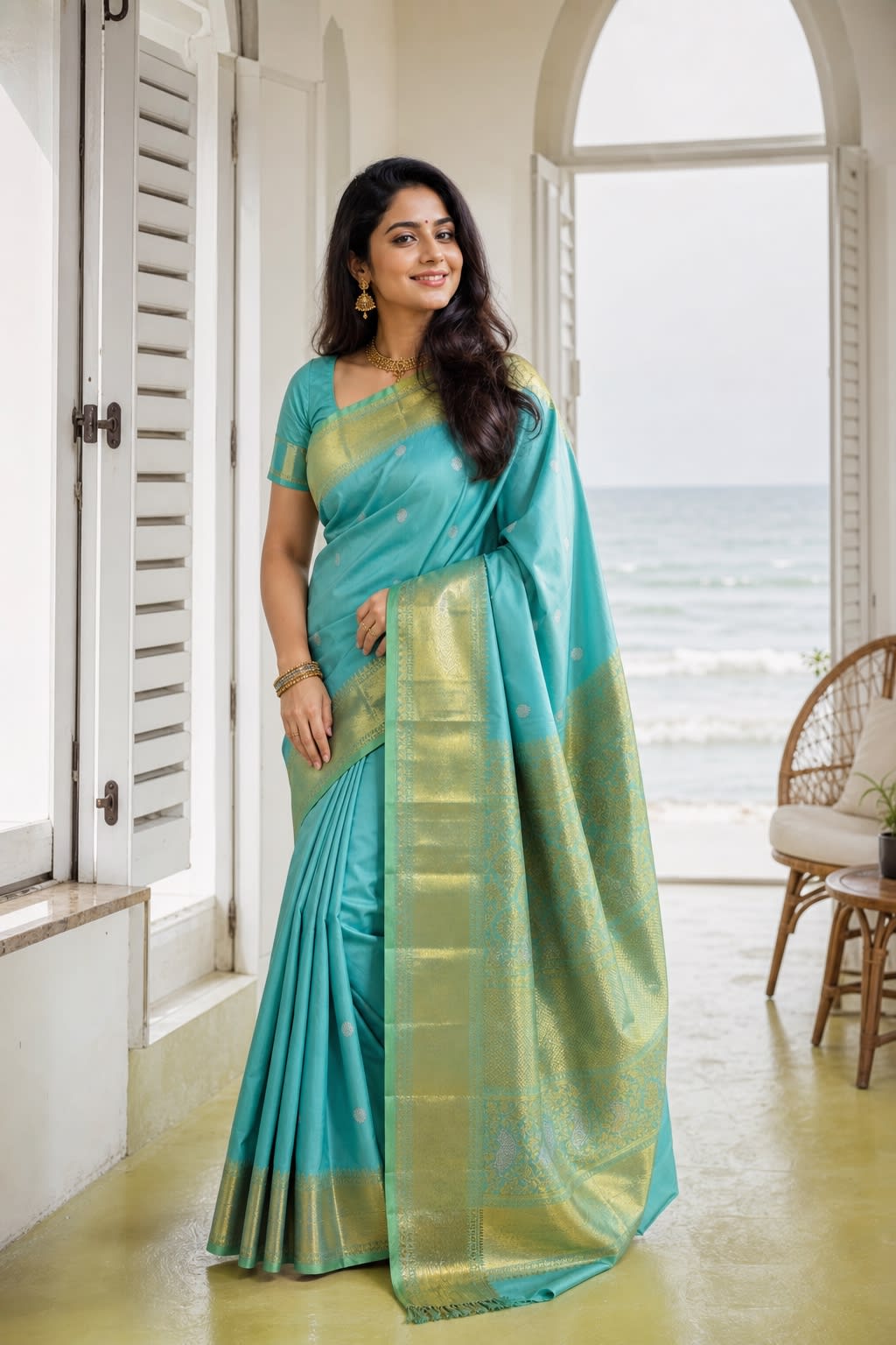 Handloom Teal Rama Green Silk Saree thumbnail 1