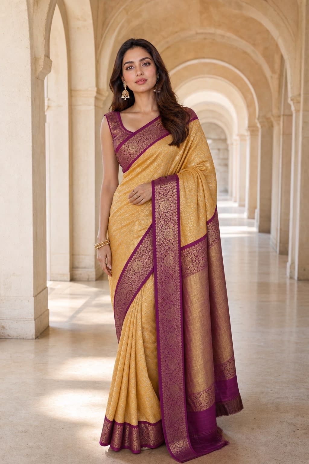 Handloom Mustard Yellow Silk Saree — view 1