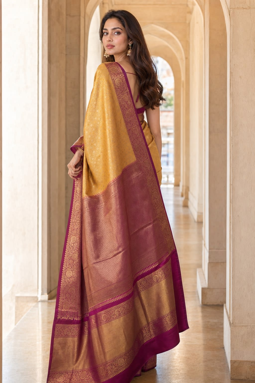 Handloom Mustard Yellow Silk Saree — view 2