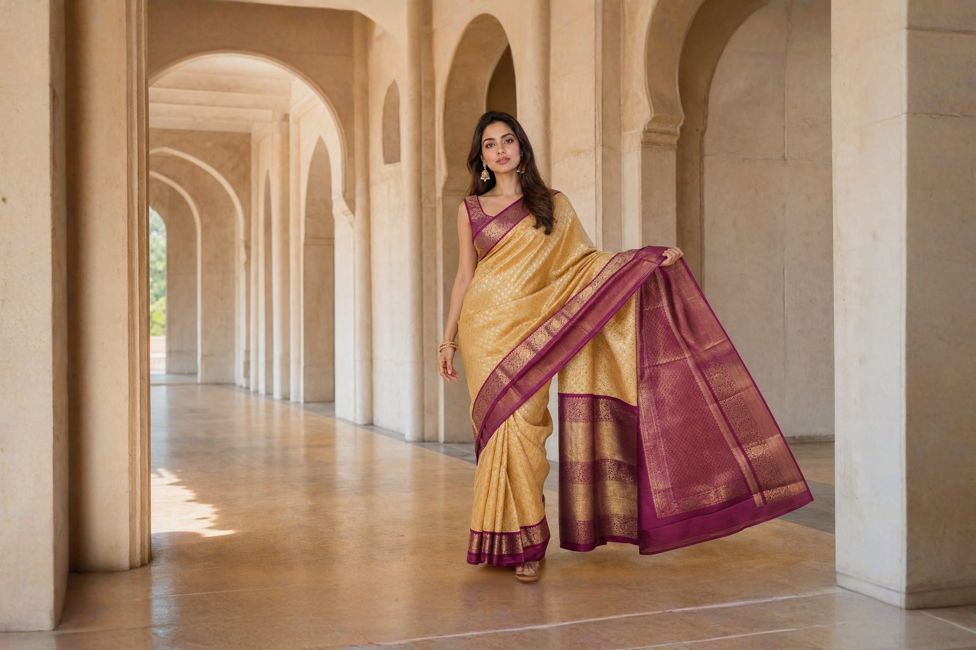 Handloom Mustard Yellow Silk Saree, worn