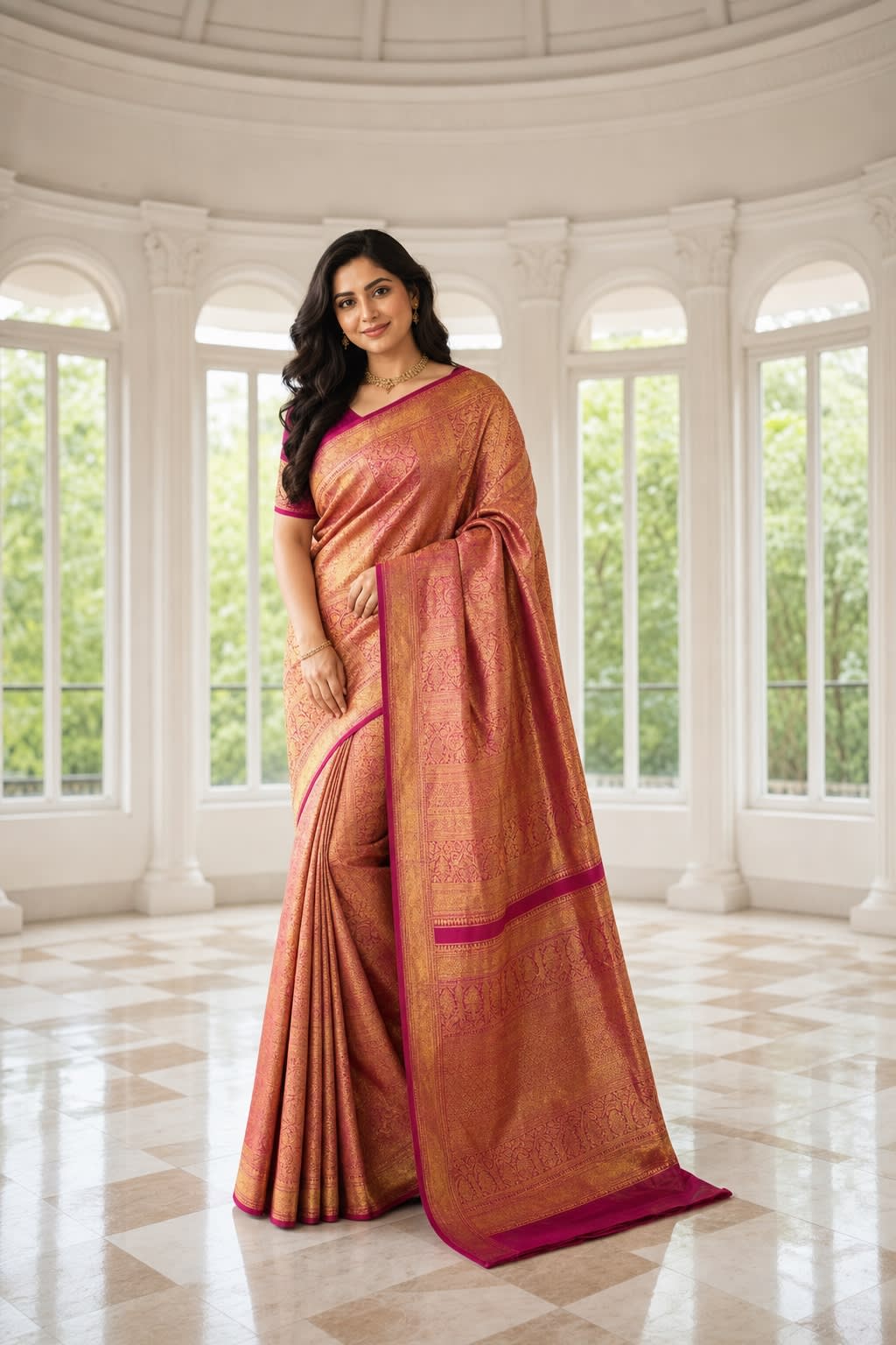 Handloom Dark Pink Silk Saree thumbnail 1