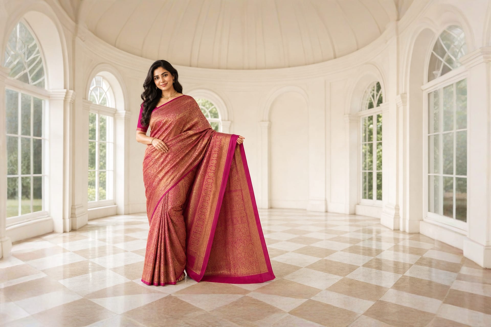 Handloom Dark Pink Silk Saree — the drape