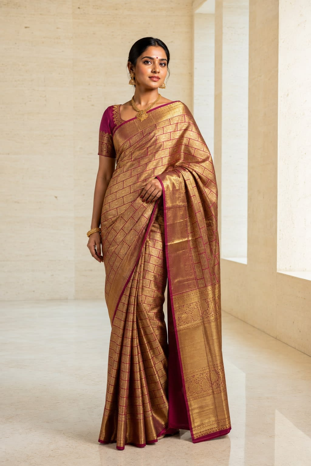 Handloom Maroon Silk Saree — view 1