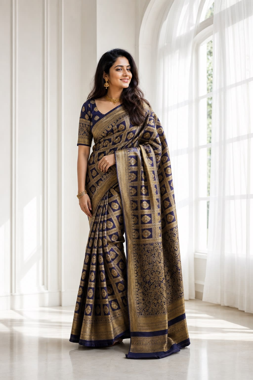 Handloom Navyblue Silk Saree — view 1