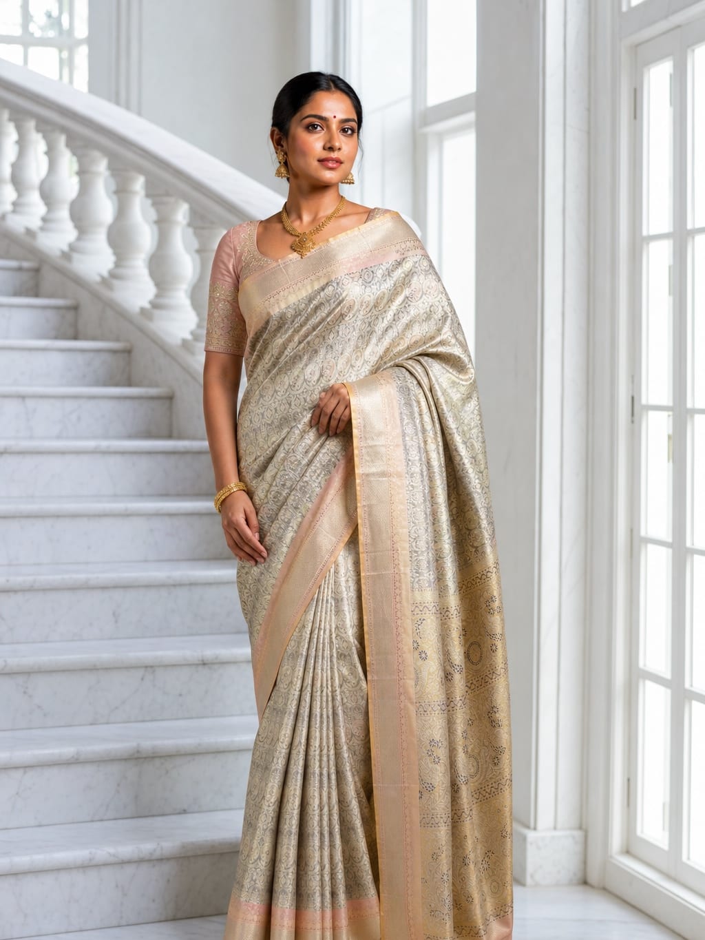 Handloom Silver Grey And Gold Silk Saree