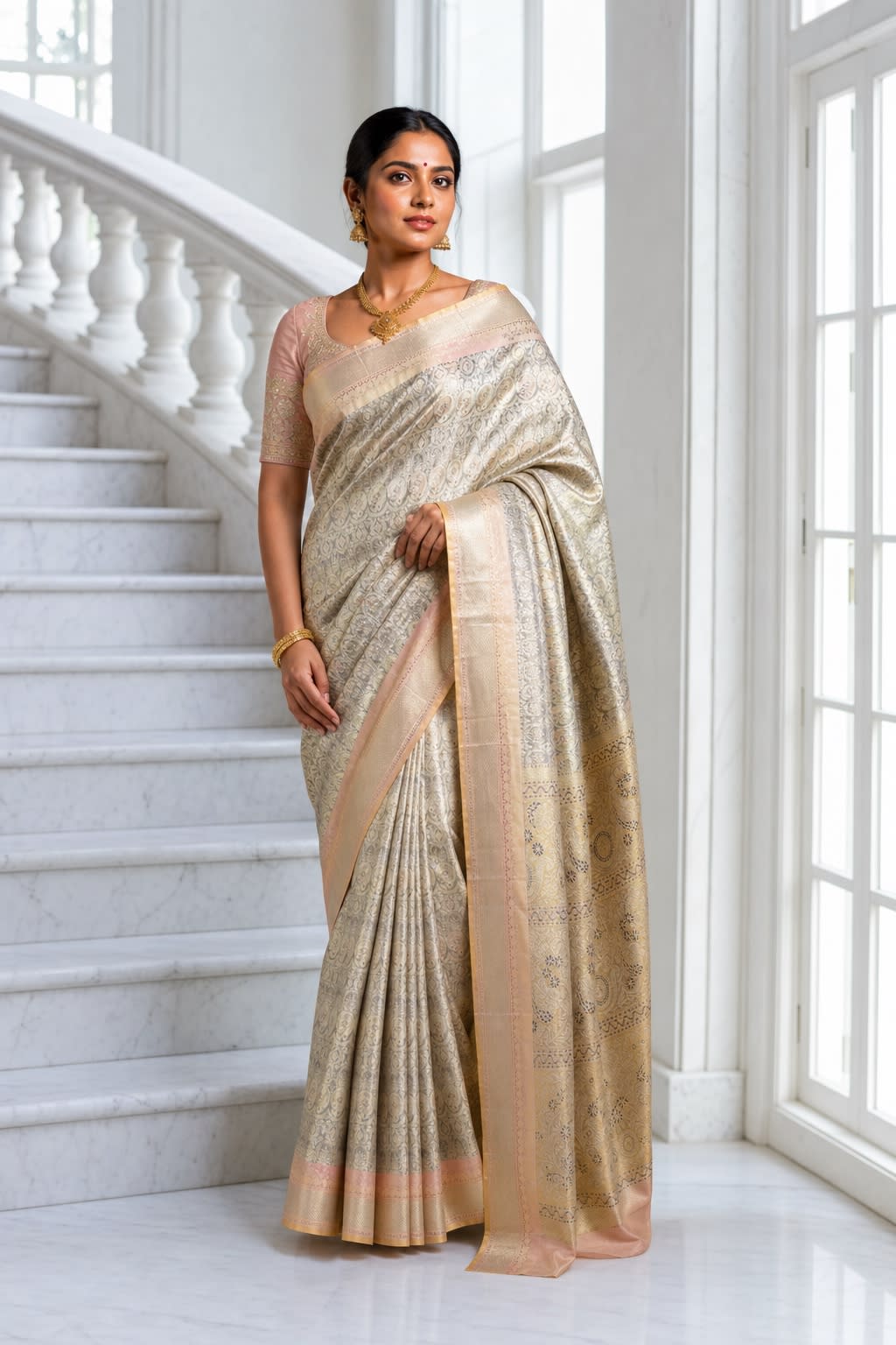 Handloom Silver Grey And Gold Silk Saree thumbnail 1