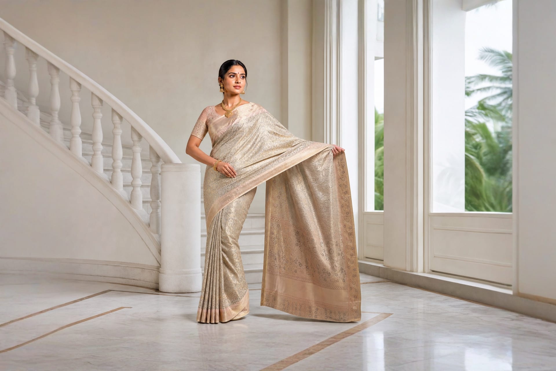 Handloom Silver Grey And Gold Silk Saree — the drape