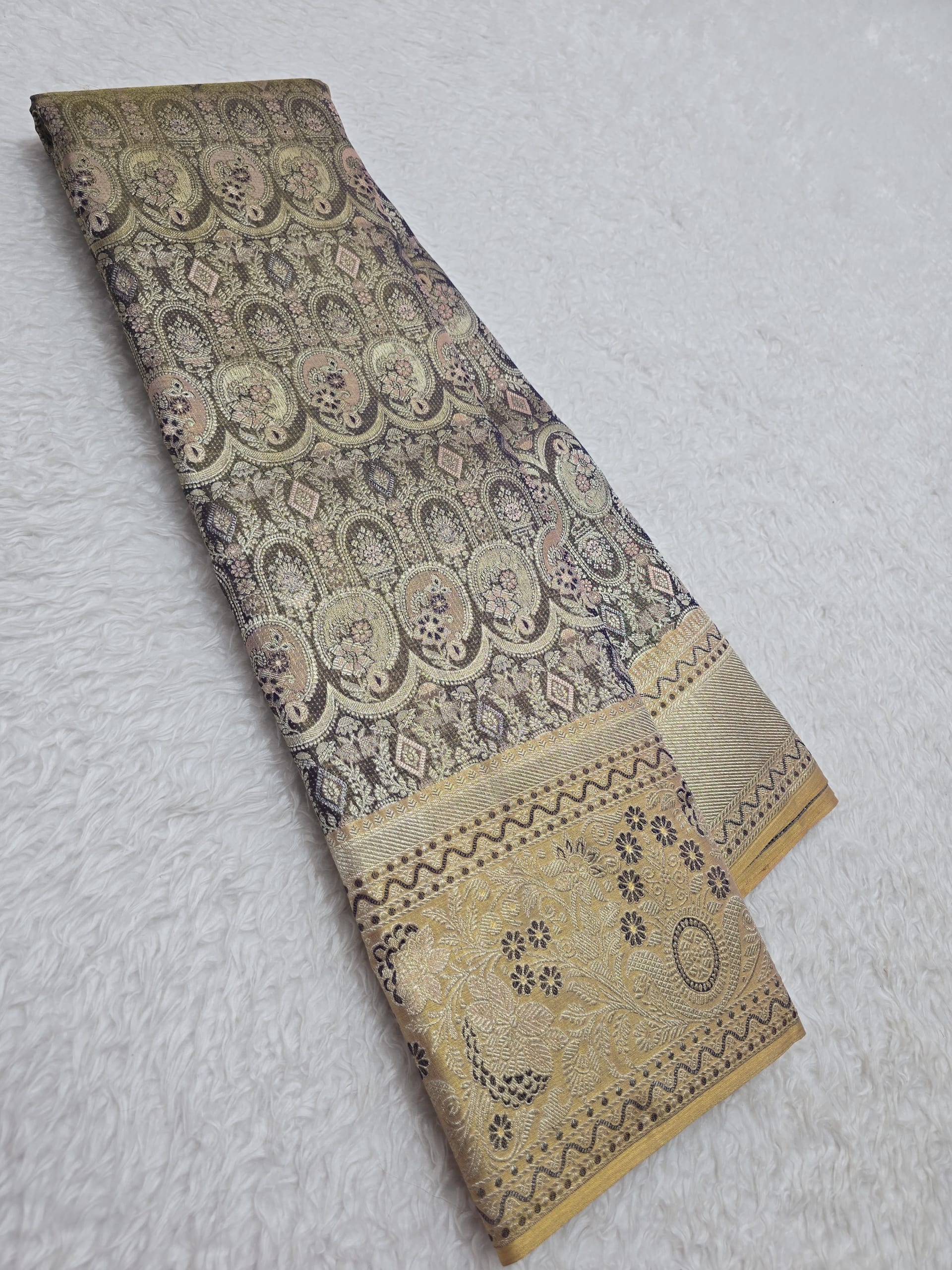 Handloom Silver Grey And Gold Silk Saree — view 2