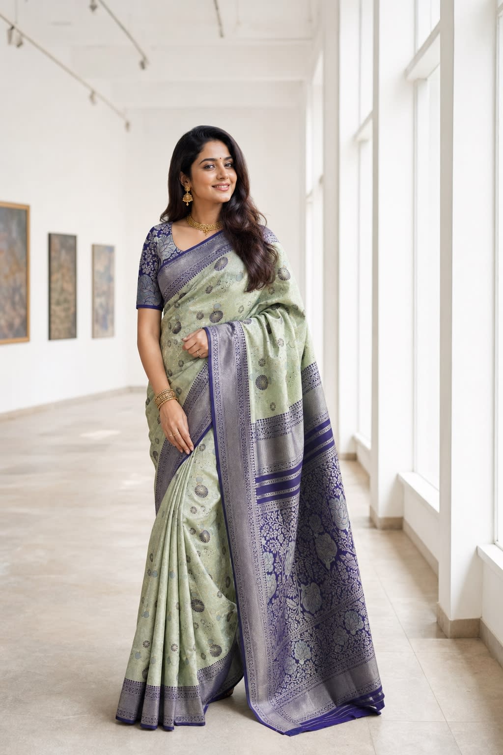 Handloom Pista Green Silk Saree — view 1