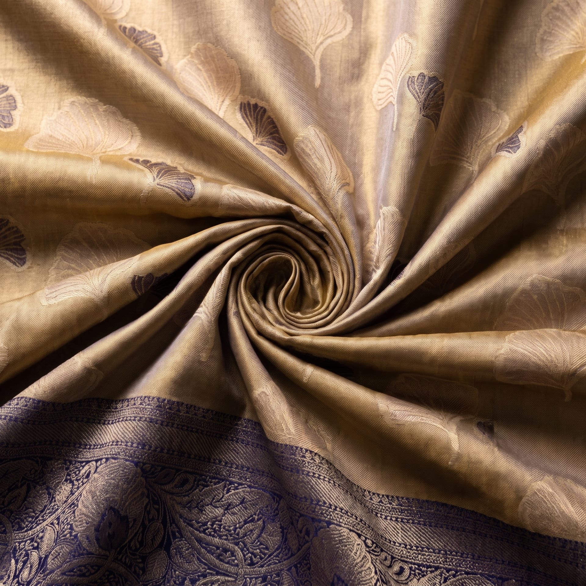 Handloom Biscuit Gold Silk Saree — close drape