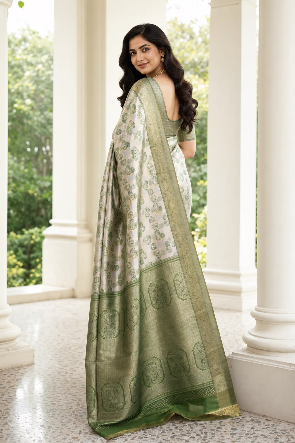Handloom White Peach With Dark Green Silk Saree thumbnail 2