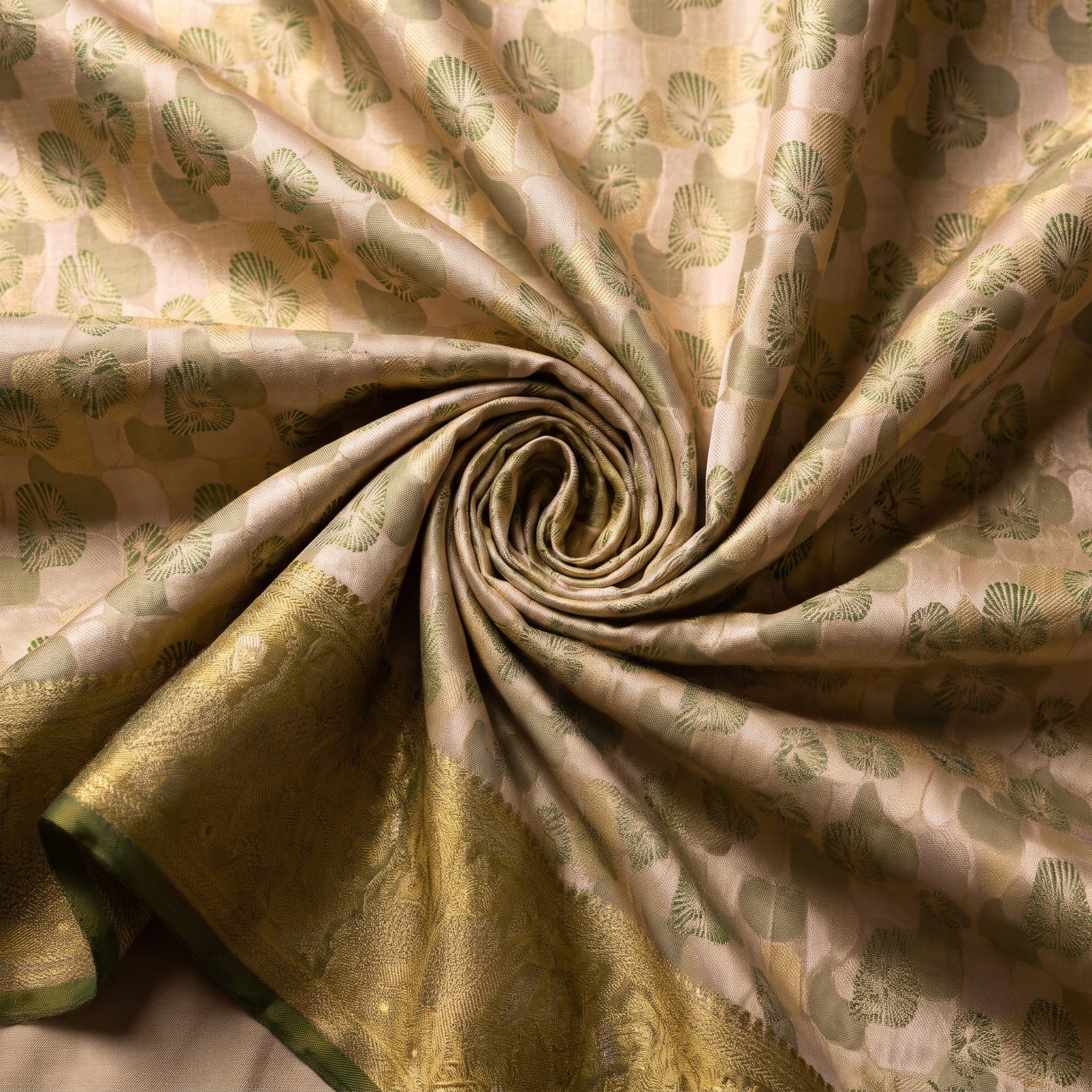 Handloom White Peach With Dark Green Silk Saree — close drape