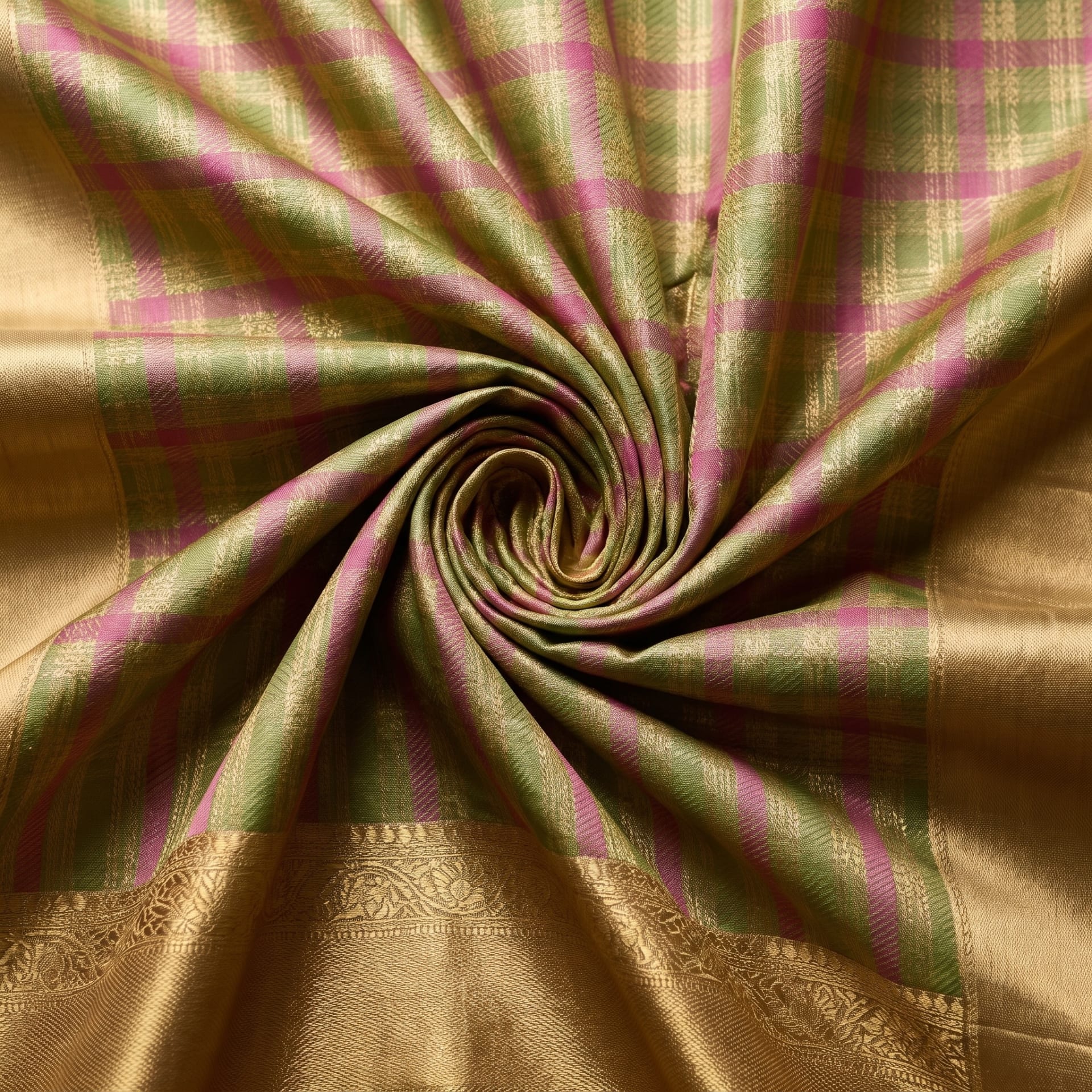 Handloom Green And Pink Silk Saree — close drape