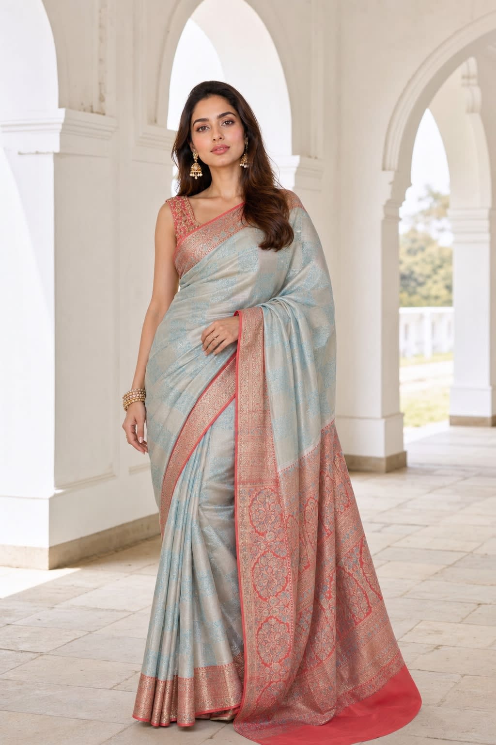 Handloom Sky Blue Silk Saree thumbnail 1