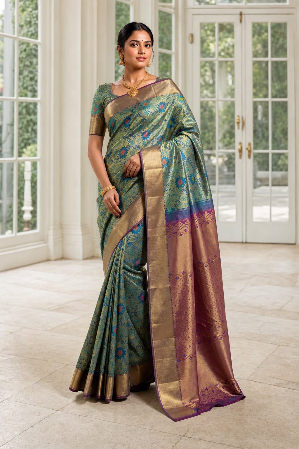 Handloom Peacock Blue Silk Saree thumbnail 1