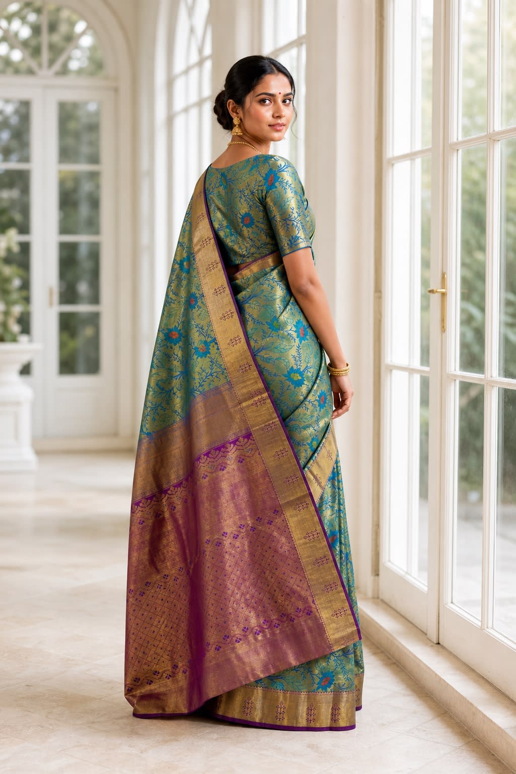 Handloom Peacock Blue Silk Saree thumbnail 2